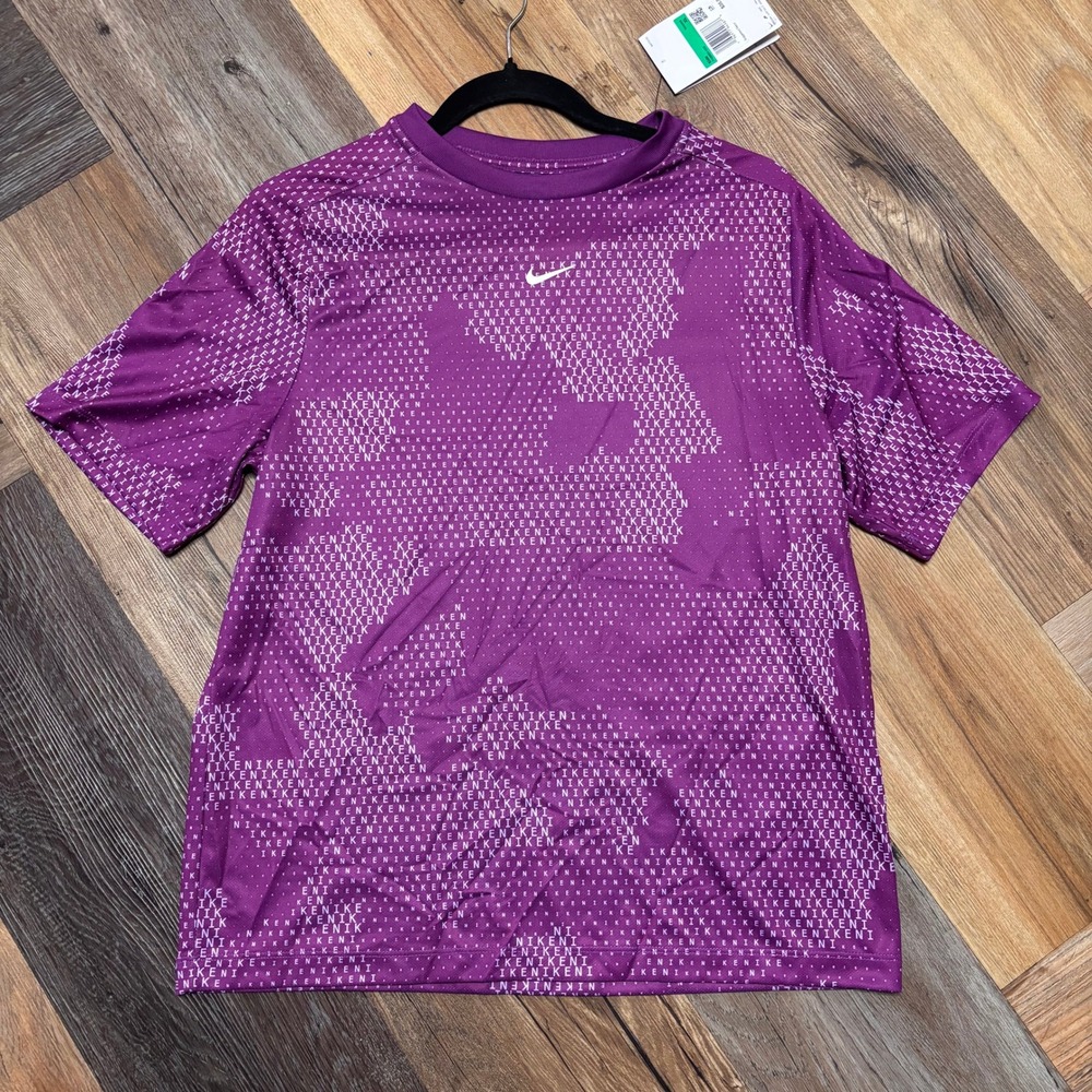 Nike Kids Dri-FIT Training Shirt Purple All Over Print Logo XL NEW